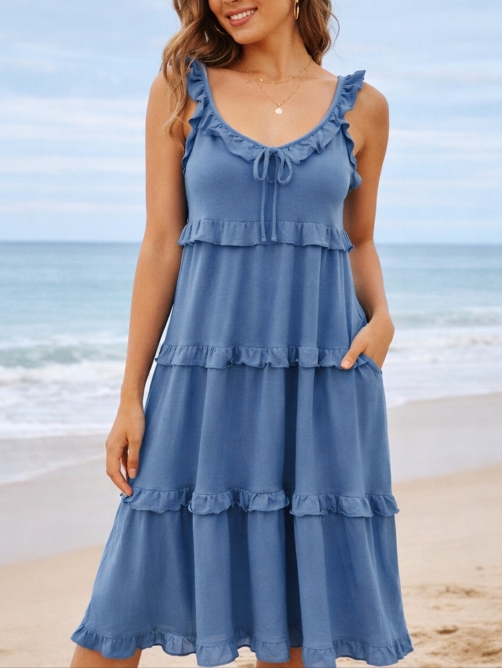 J.Crew Re Imagined Blue Tiered Ruffle Midi Dress Women Medium Flowy Cotton